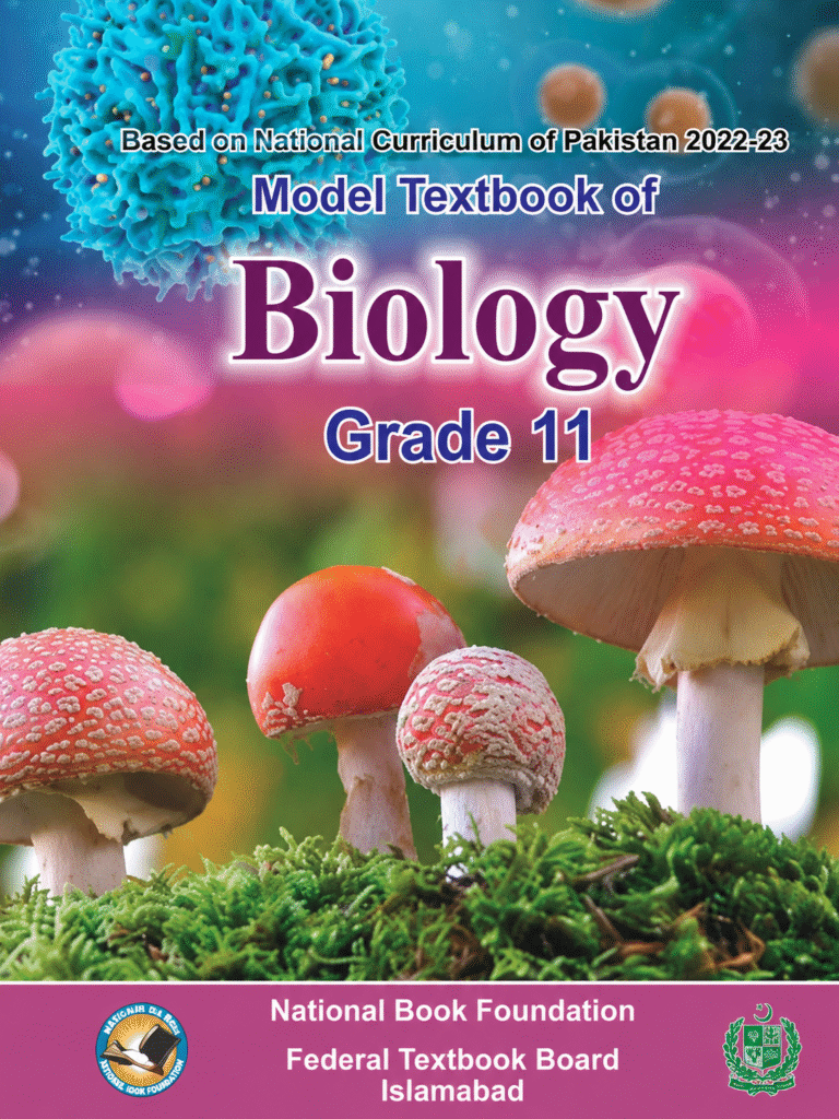Biology Grade 11 textbook cover with colorful mushrooms and biology-themed background.
