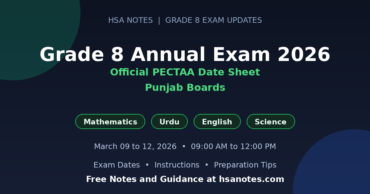 Grade 8 Annual Examination 2026 official PECTAA date sheet showing Mathematics, Urdu, English and Science exam badges with dates March 09 to 12, 2026.