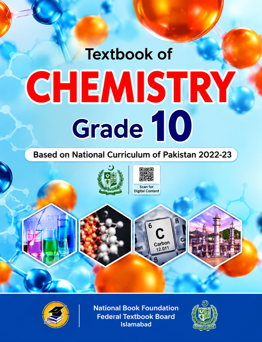 Grade 10 Chemistry textbook cover featuring colorful molecular graphics, chemistry laboratory equipment, carbon, and an industrial plant, with National Book Foundation and Federal Textbook Board branding.