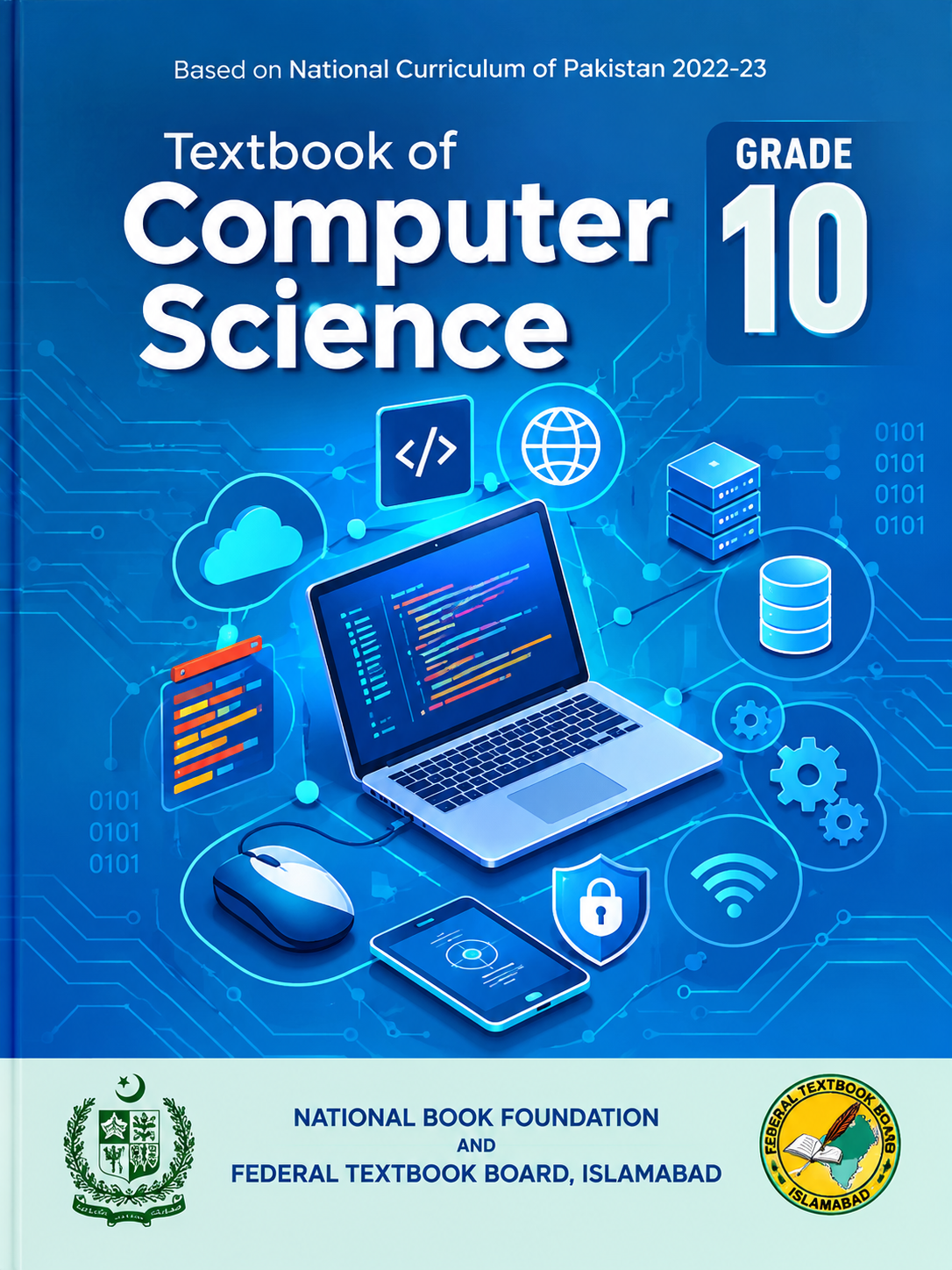 Class 10 Computer Science textbook cover for FBISE featuring a laptop, digital technology graphics, and National Book Foundation branding.