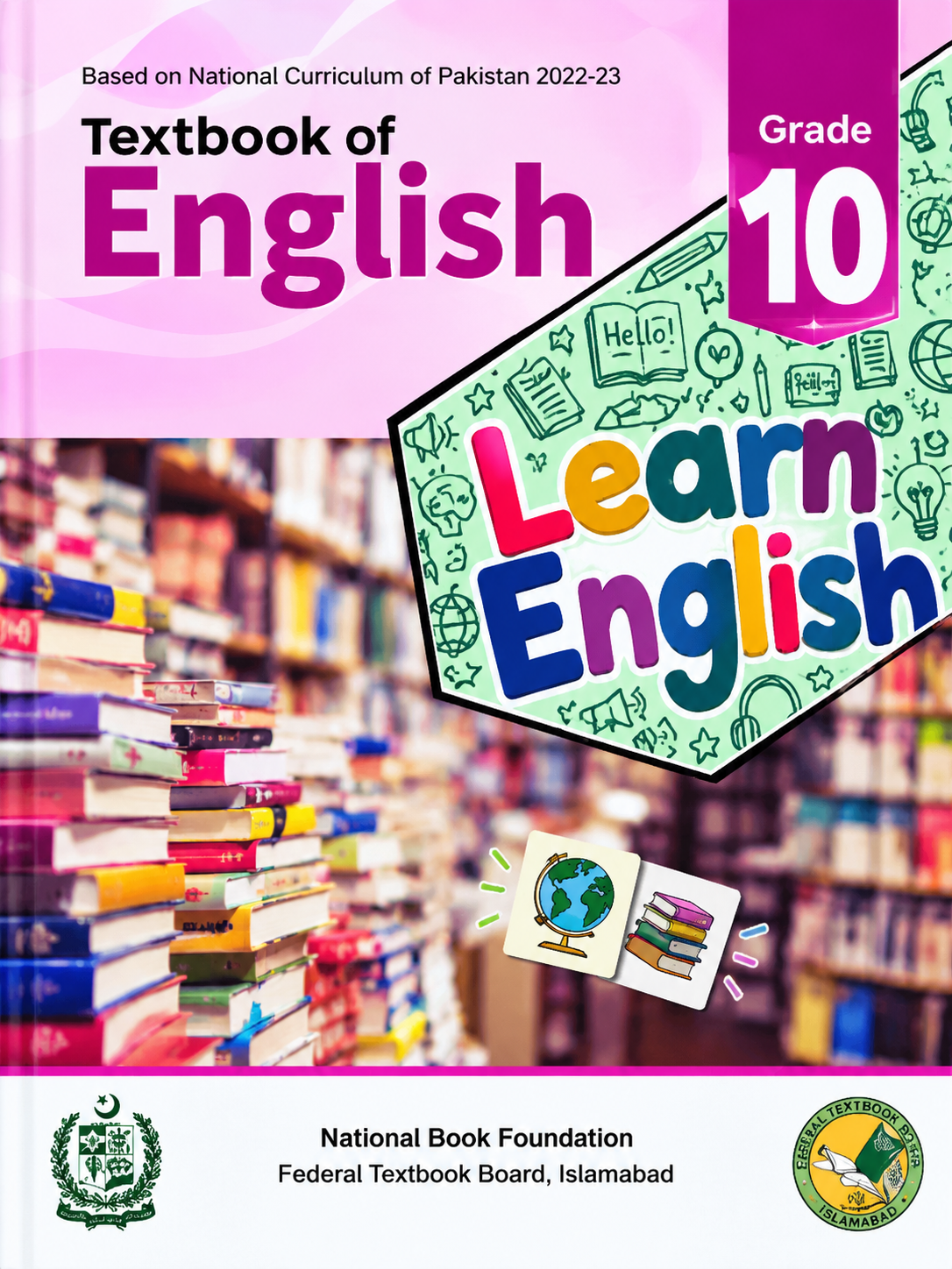 Class 10 English textbook cover for FBISE featuring a colorful “Learn English” design, books, and National Book Foundation branding.