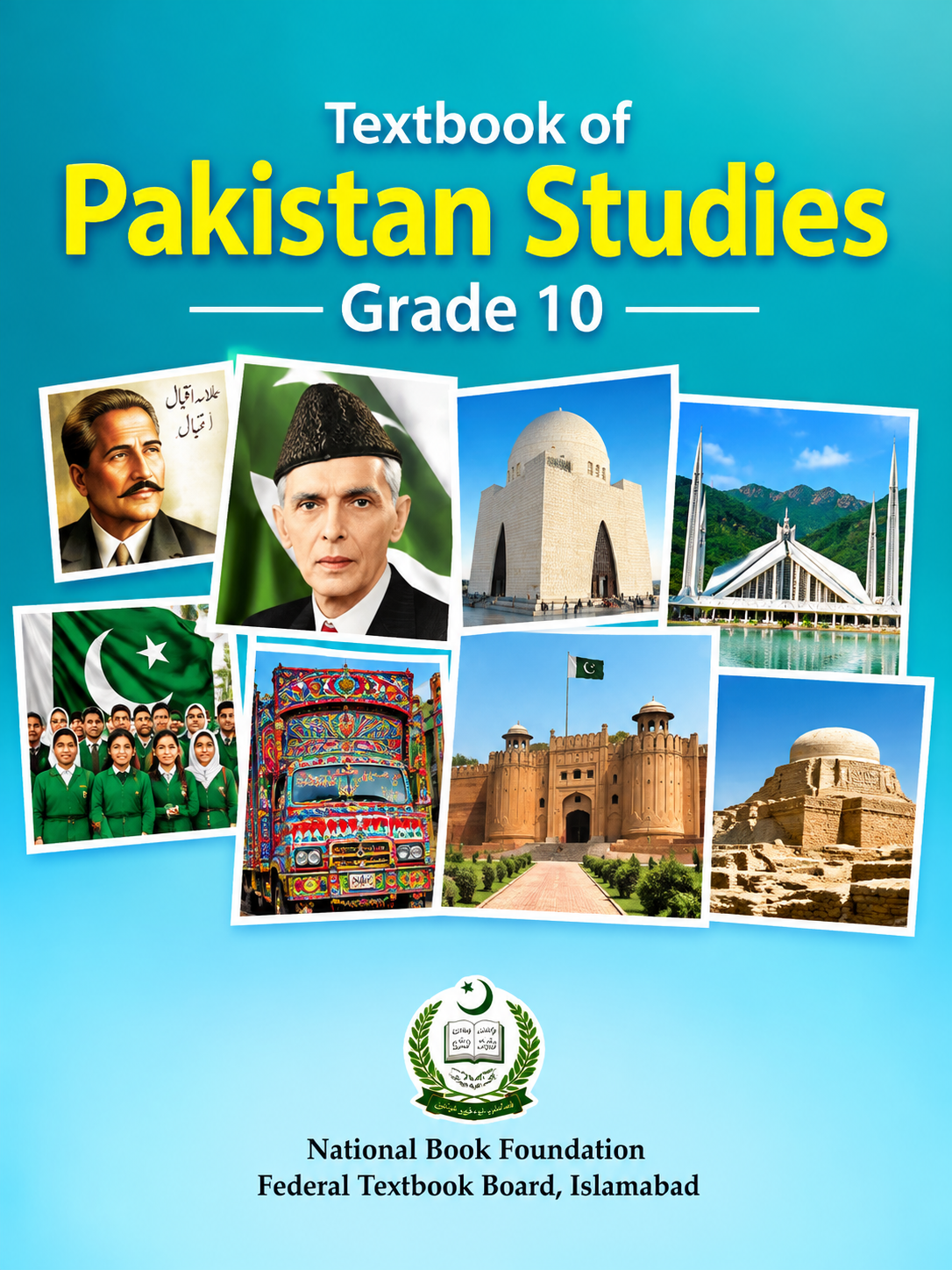 Grade 10 Pakistan Studies textbook cover featuring Pakistan’s national leaders, landmarks, culture, students, and heritage sites.