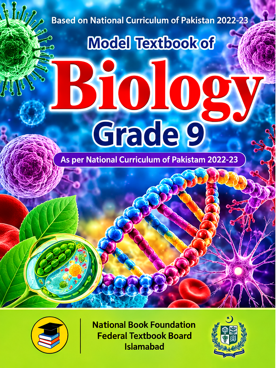 Grade 9 Biology textbook cover featuring a colorful DNA double helix, microscopic biological imagery, and a vibrant scientific background.