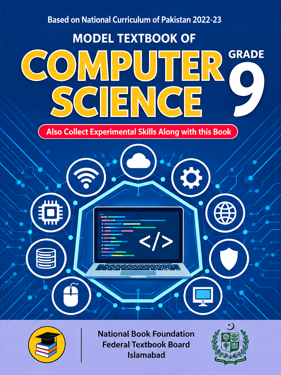Grade 9 Computer Science textbook cover with a dark blue technology-themed design, computer illustration, and digital technology icons.