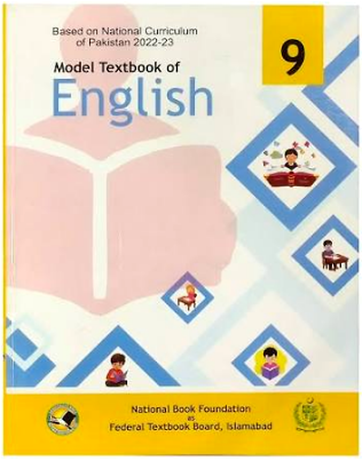 Grade 9 English textbook cover with a light background, open-book illustration, blue geometric designs, and small illustrations of students reading and studying.