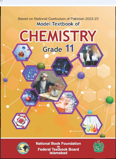 Cover page of “Model Textbook of Chemistry Grade 11” featuring molecular structures, laboratory equipment, scientific illustrations, and chemistry-related graphics on an orange background.