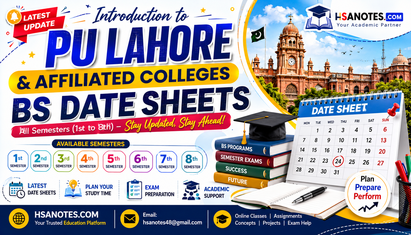Professional educational banner for HSANOTES.COM showing “PU Lahore & Affiliated Colleges BS Date Sheets (1st to 8th Semester)” with Punjab University building, exam schedule calendar, and study-related icons highlighting semester-wise examination updates.