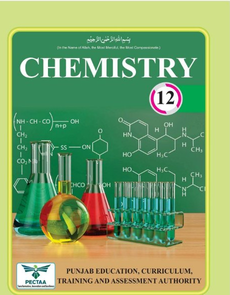 Cover page of Chemistry Grade 12 textbook published by PECTAA, featuring the title "CHEMISTRY" in bold white letters on a dark green background, grade number "12" in a pink circle, chemical structure diagrams, and laboratory glassware including flasks and test tubes.