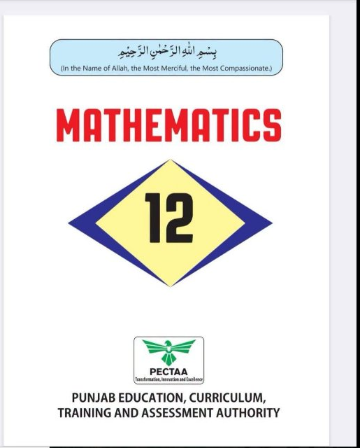 Cover page of Mathematics Grade 12 textbook published by PECTAA (Punjab Education, Curriculum, Training and Assessment Authority), featuring the title "MATHEMATICS" in bold red letters, the number "12" inside a blue and yellow diamond shape, and the PECTAA logo at the bottom.