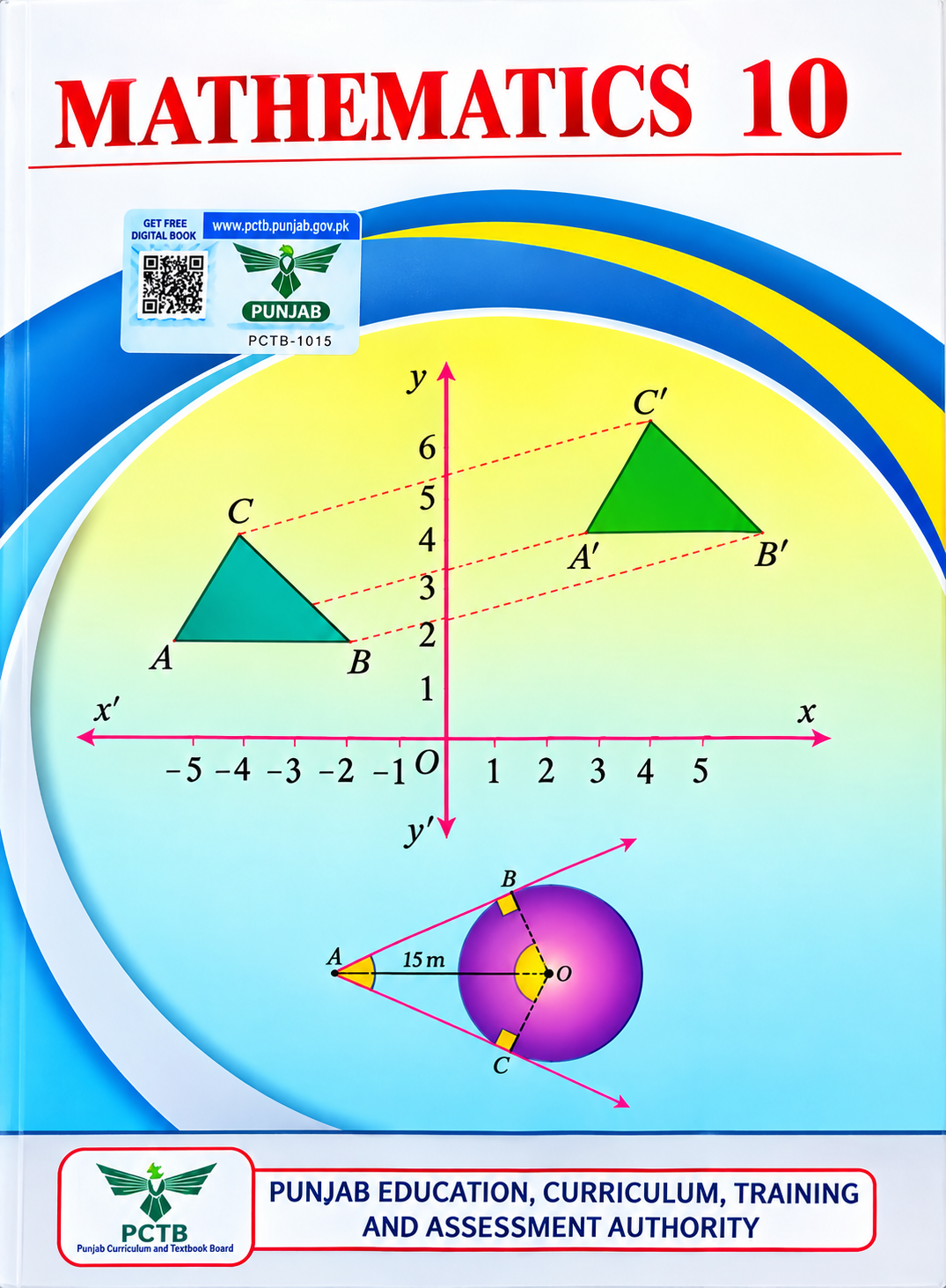 10th Class Mathematics textbook by PECTAA, featuring coordinate geometry, translated triangles, a circle-and-tangent diagram, and the title “Mathematics 10.