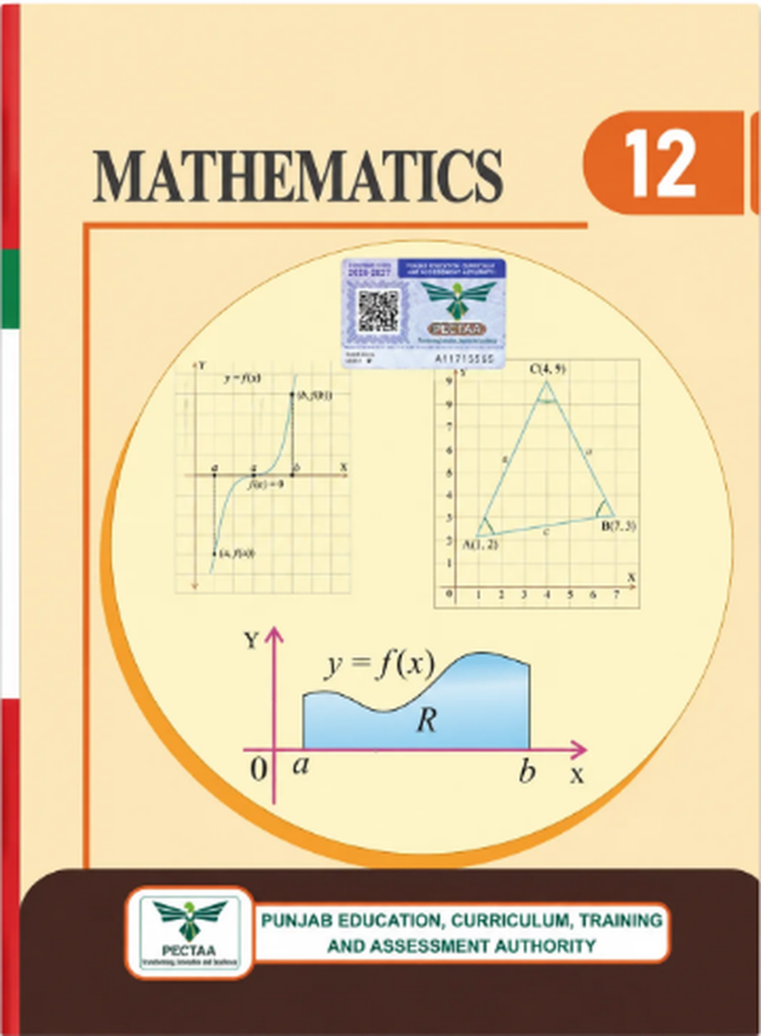 12th Class Mathematics textbook published by PECTAA, featuring graphs, geometric diagrams, a function curve, and the PECTAA logo on the cover.