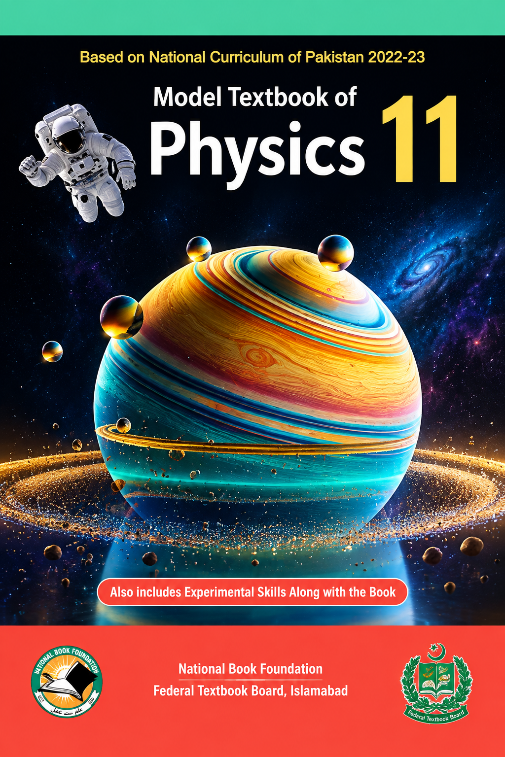Grade 11 Physics New Book 2026–2027 session, featuring a planet, astronaut, and space-themed scientific design, published by the National Book Foundation.