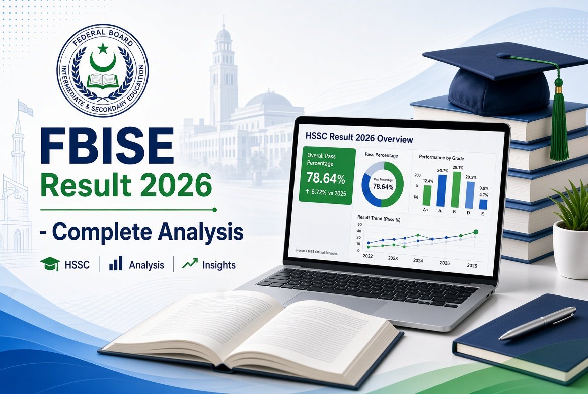 FBISE HSSC Result 2026 Complete Analysis featured image with laptop showing pass percentage charts, books, graduation caps and Federal Board logo
