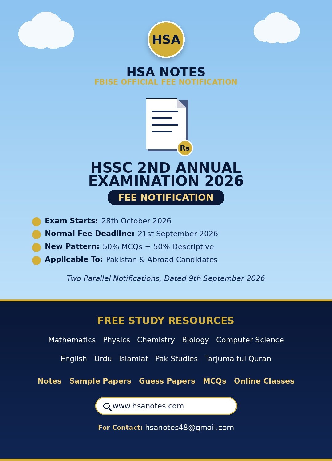 FBISE HSSC 2nd Annual Examination 2026 fee notification graphic with exam dates and HSA Notes free study resources