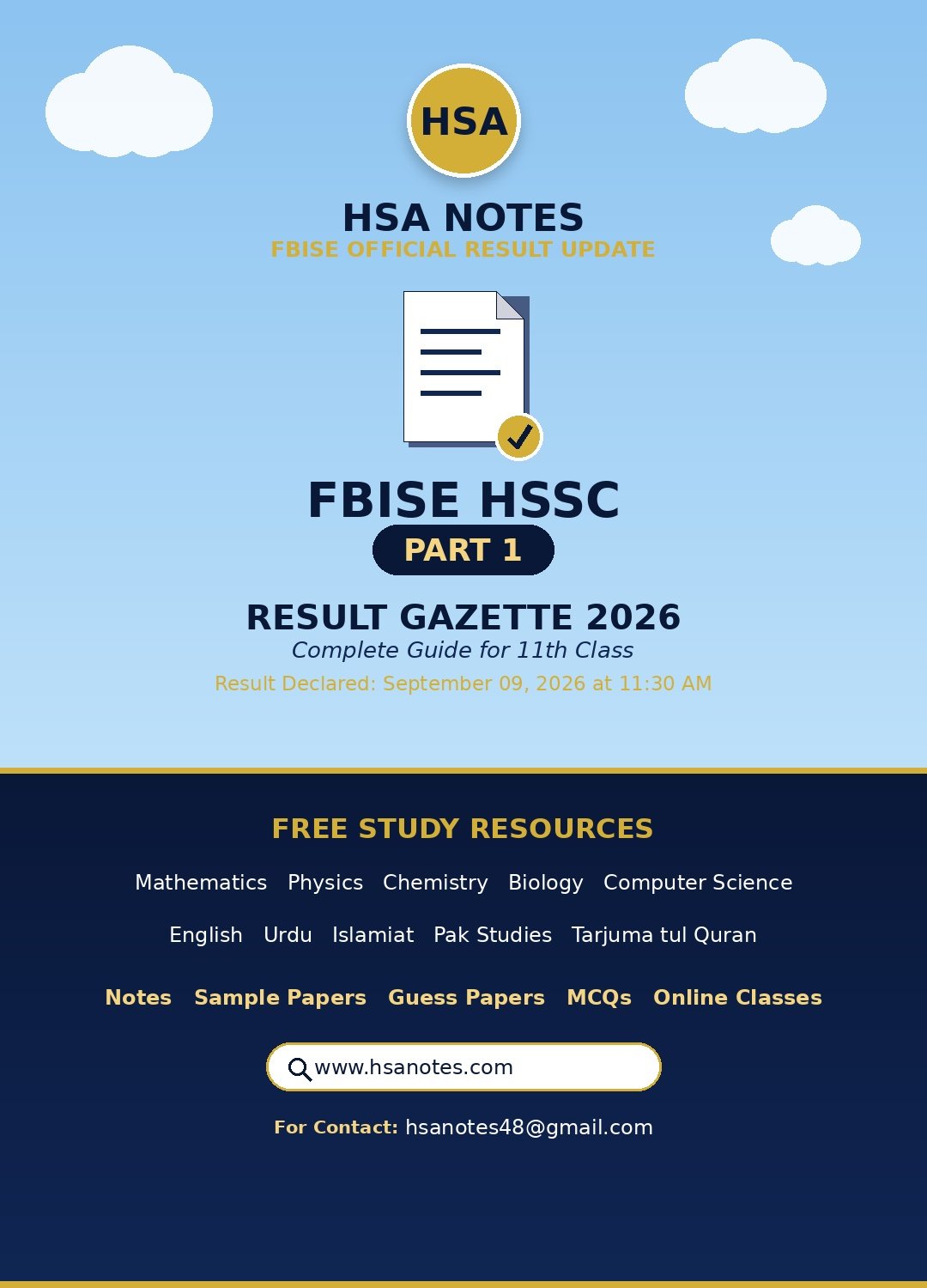 FBISE HSSC Part 1 Result Gazette 2026 featured graphic with HSA Notes branding and free study resources for FBISE students