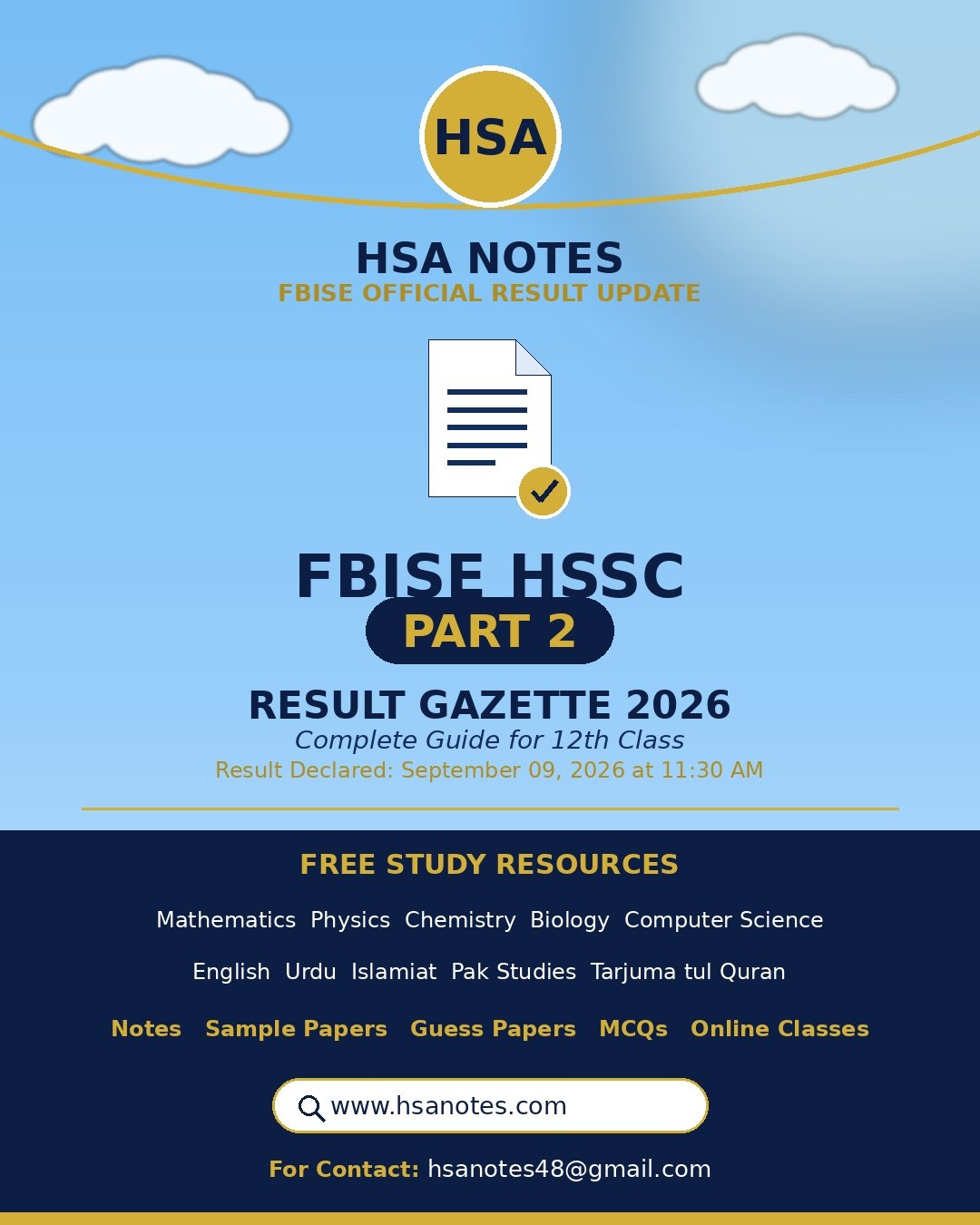 FBISE HSSC Part 2 result gazette 2026 guide for 12th class with HSA Notes free study resources banner