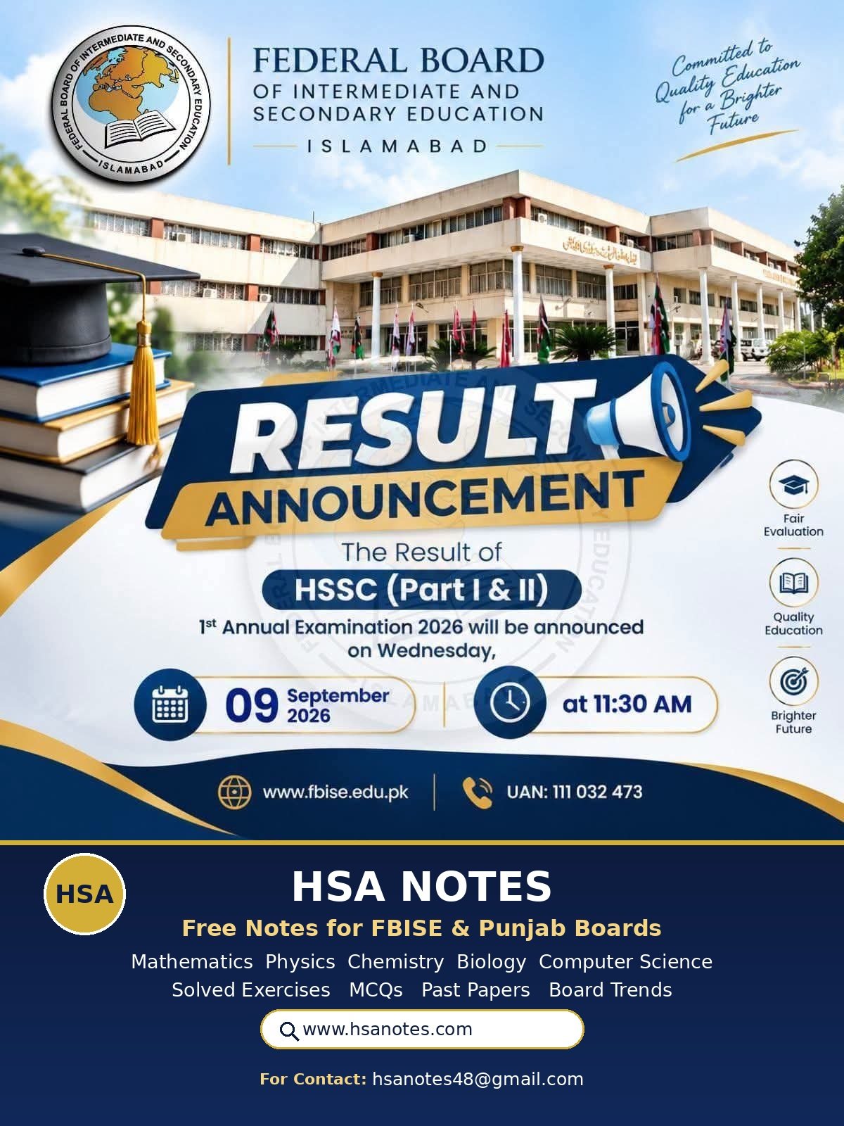 FBISE HSSC Part I and II result announcement poster for September 09 2026 with HSA Notes free study material banner