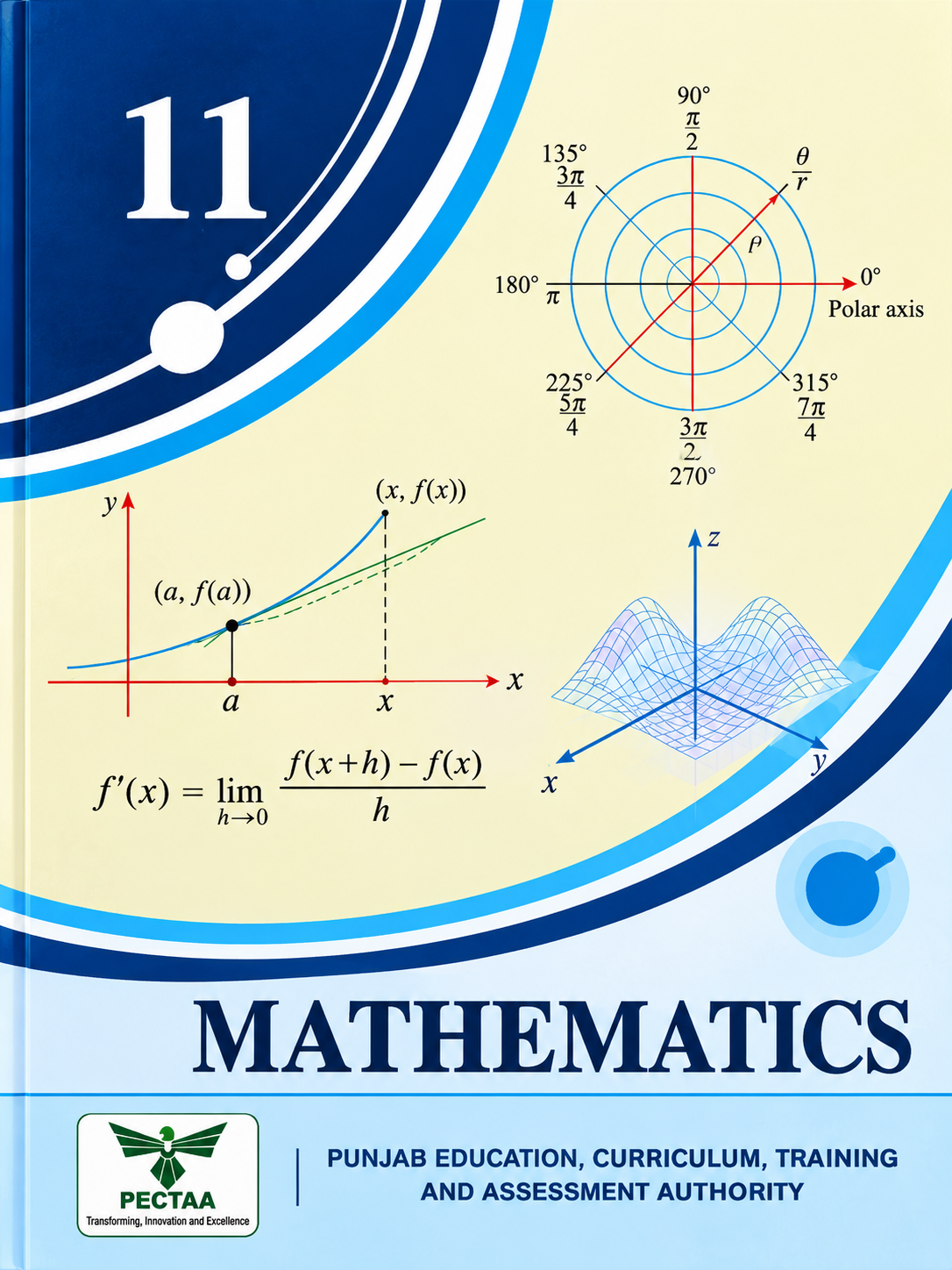 Grade 11 Mathematics New Book 2026–2027 by PECTAA, featuring calculus, polar coordinates, functions, graphs, and mathematical diagrams.