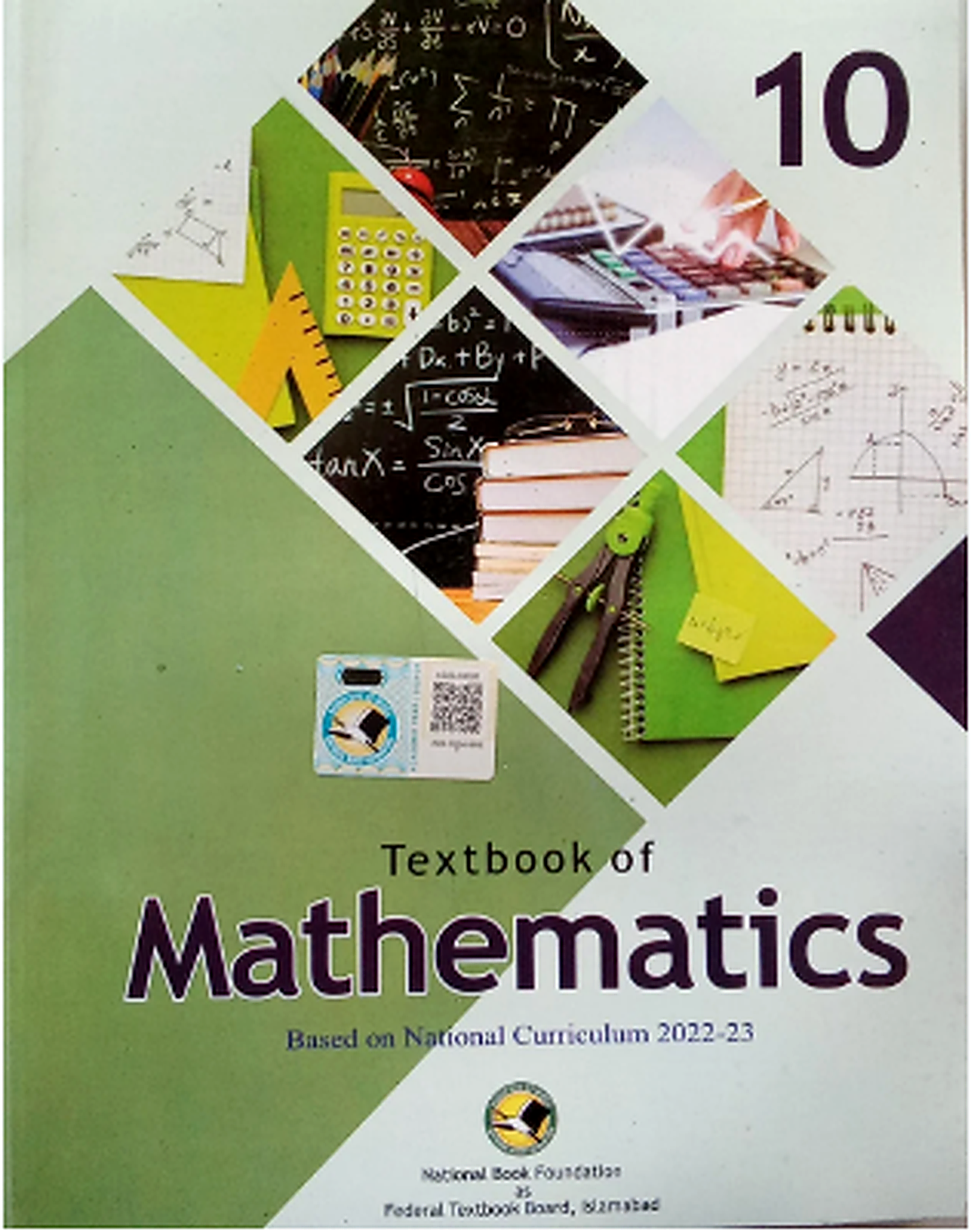 Grade 10 Mathematics textbook cover featuring mathematical formulas, graphs, a calculator, books, and geometric designs.