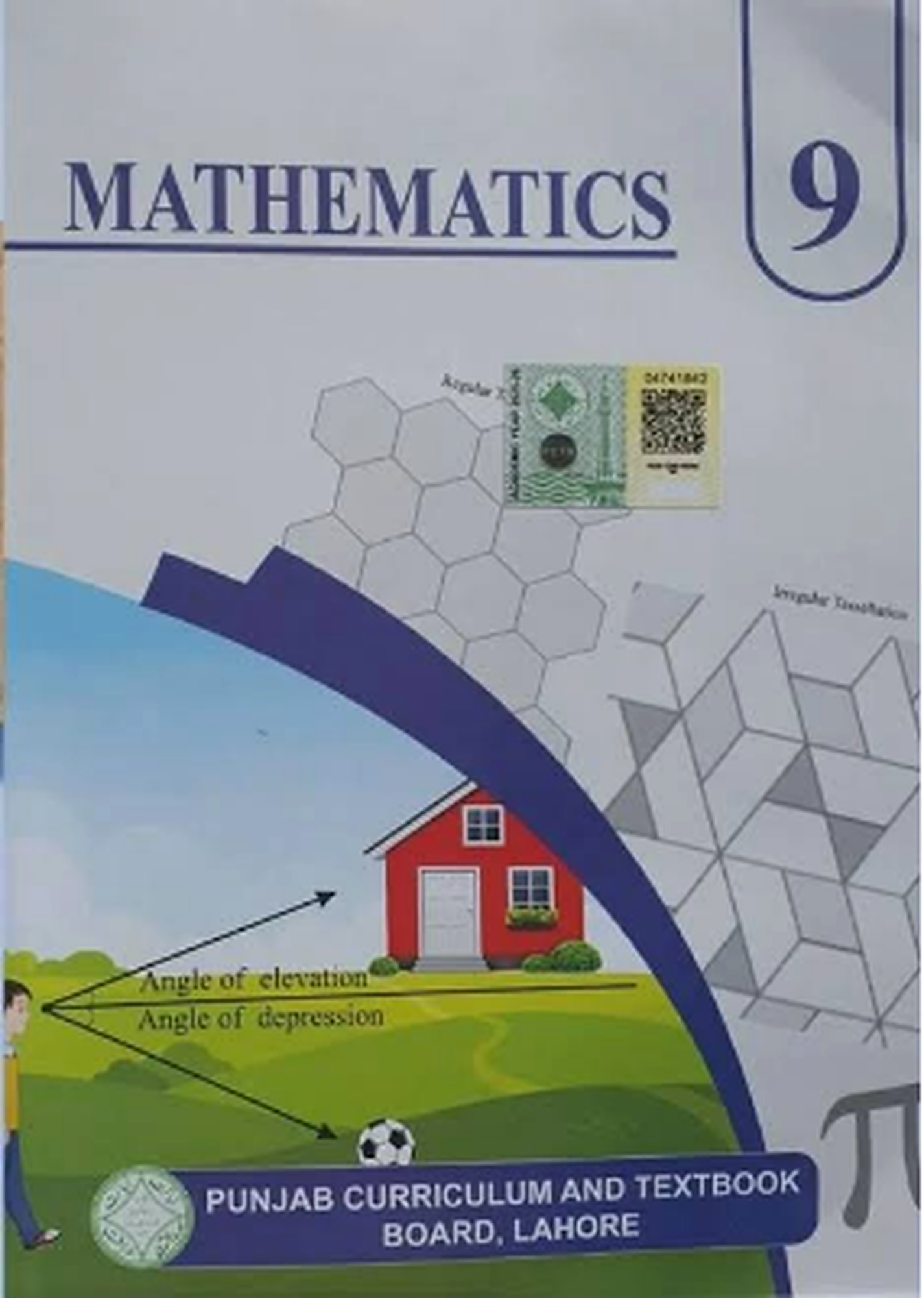 Grade 9 Mathematics New Book 2026-2027 Session textbook cover featuring geometric shapes, a house, angle of elevation and depression diagrams, with a blue, green, and white design.