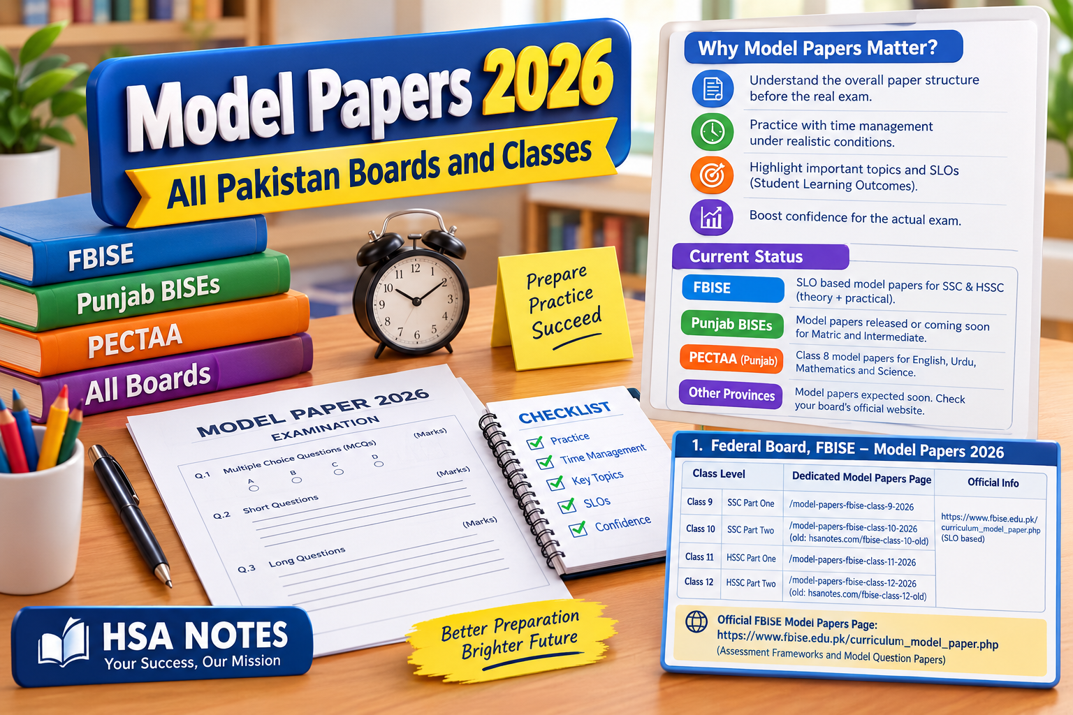 3D educational graphic for Model Papers 2026 covering all Pakistan boards and classes, with exam papers, books, checklist, and HSA Notes branding.
