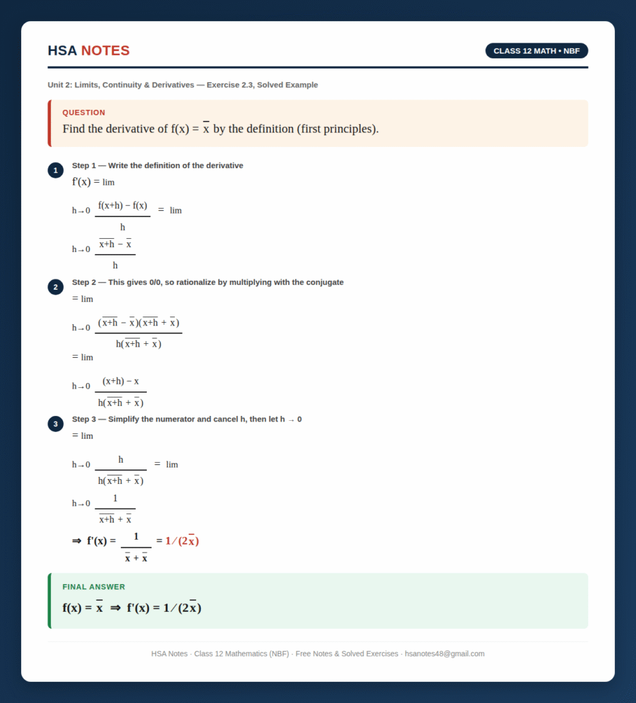Solved Class 12 NBF Math example — finding the derivative of √x by first principles using the conjugate method, from Exercise 2.3, by HSA Notes