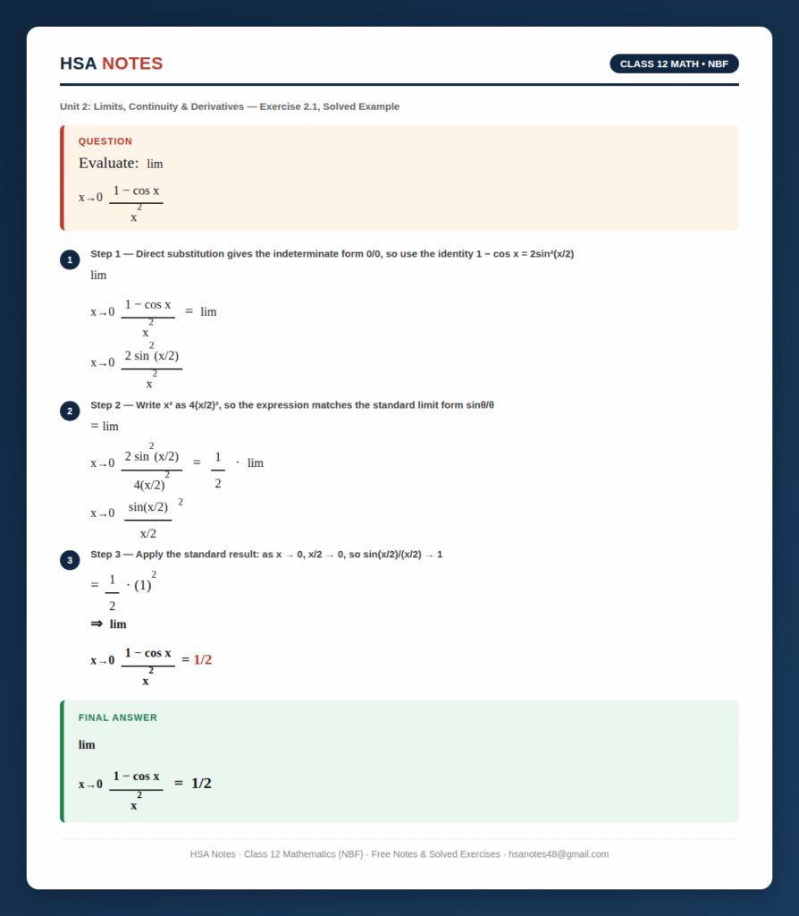 Solved Class 12 NBF Math limit example — evaluating lim x→0 (1−cos x)/x² using the half-angle identity, from Exercise 2.1, by HSA Notes