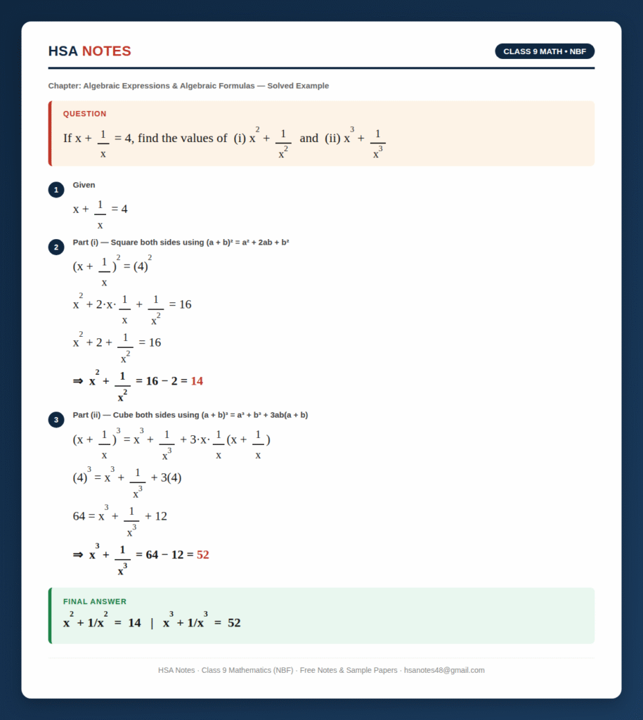 Solved algebra example for Class 9 NBF Mathematics — finding x² + 1/x² and x³ + 1/x³ when x + 1/x = 4, step-by-step solution by HSA Notes