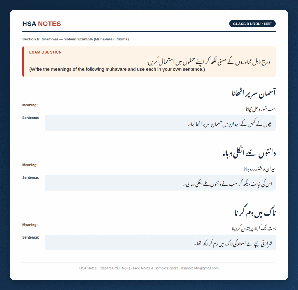 Solved Class 9 NBF Urdu grammar example — three muhavare (idioms) with meanings and example sentences, by HSA Notes