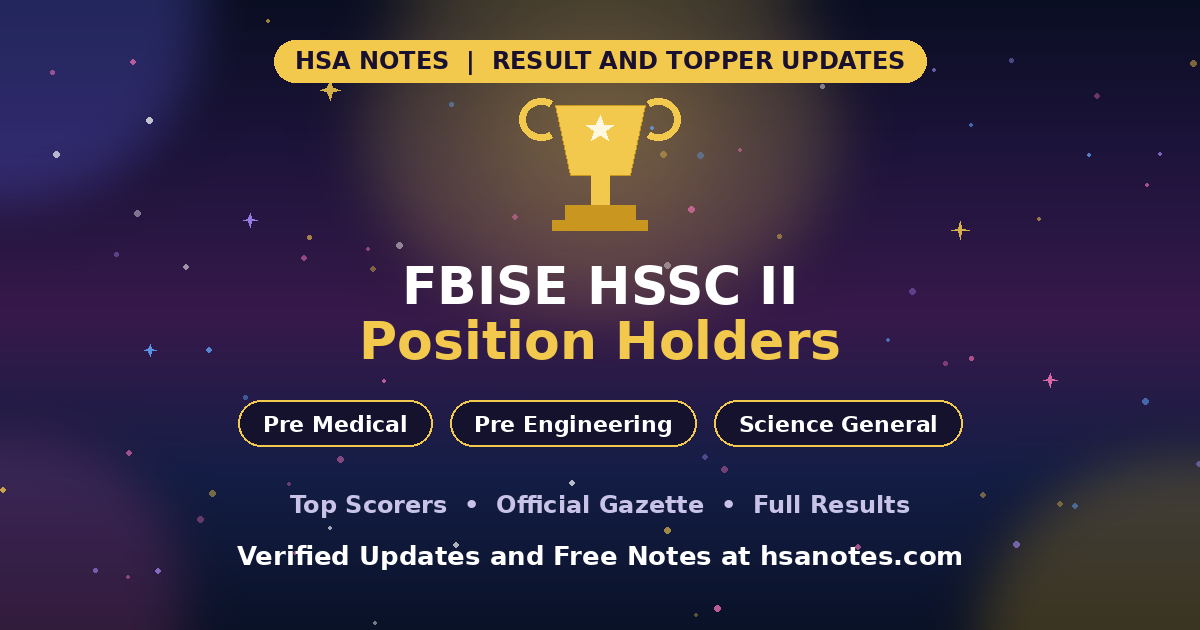 FBISE HSSC II Position Holders announcement with a gold trophy icon on a starry purple background, showing Pre Medical, Pre Engineering and Science General group badges.