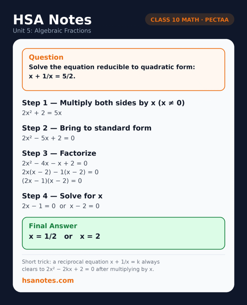 Class 10 Math Unit 5 Algebraic Fractions applied question: solve the reciprocal equation x plus 1 over x equals 5 over 2