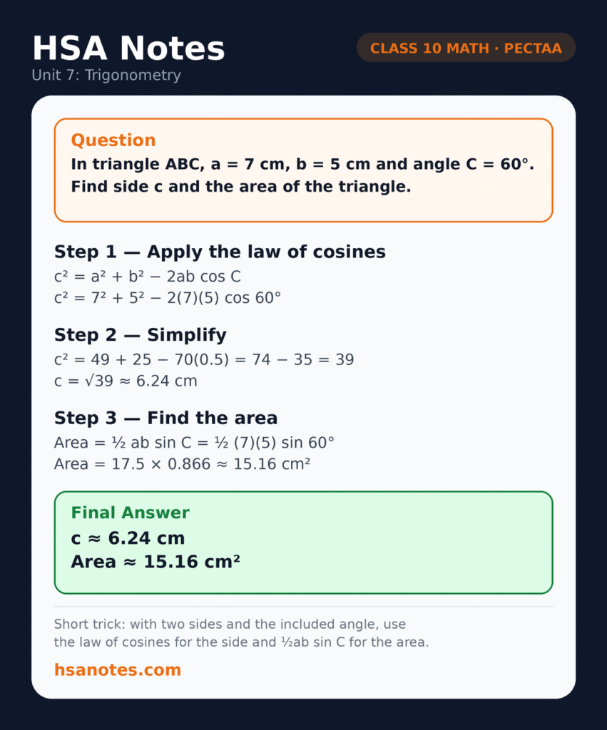 Class 10 Math Unit 7 Trigonometry applied question: find side c and area of triangle ABC using the law of cosines, with a = 7 cm, b = 5 cm, angle C = 60 degrees