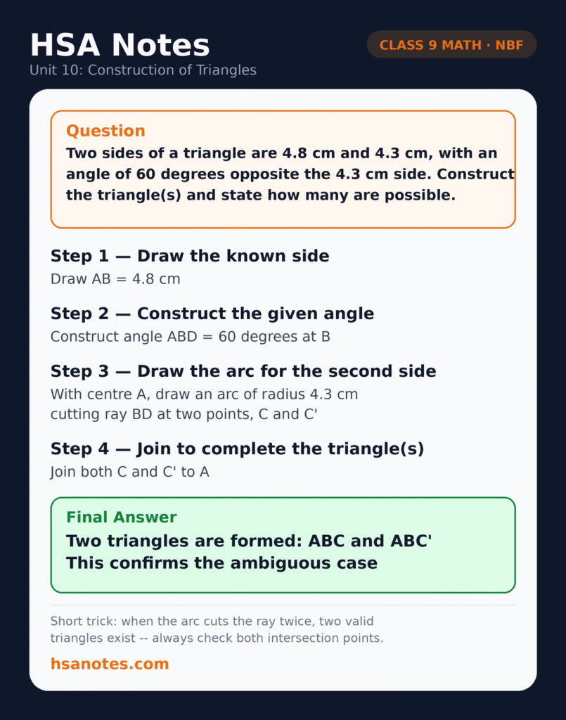 Functional Math 9 Unit 10 Construction of Triangles applied question: constructing a triangle in the ambiguous case with two triangles formed from given sides 4.8 cm and 4.3 cm