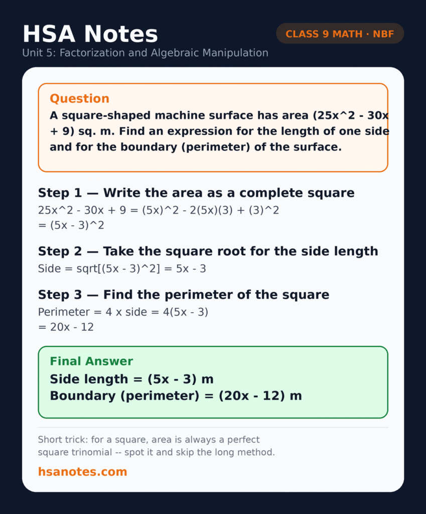 Functional Math 9 Unit 5 Factorization applied question: finding the side length and perimeter of a square machine surface with area 25x squared minus 30x plus 9